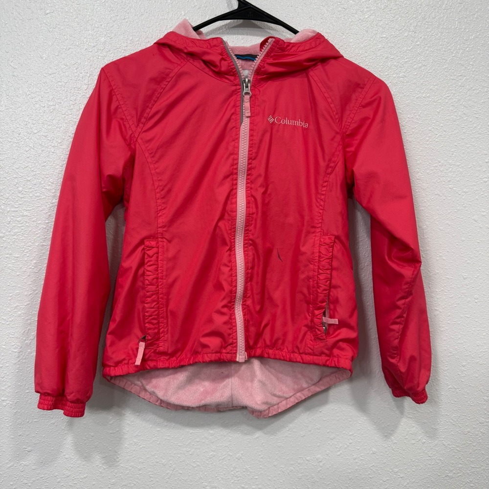 Columbia Kids Pink Fleece Lined Hooded Windbreaker Jacket Size S 7/8 RN69724